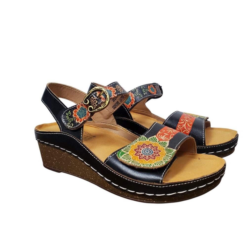 L'Artiste by Spring Step Roshni Wedge Sandals EU 38 US 7-7.5 Black Multi Comfort